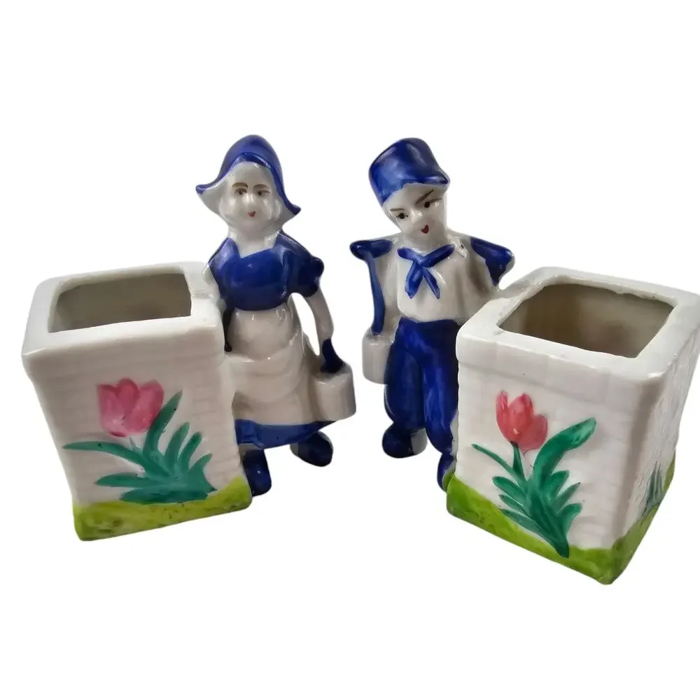 Vintage‎ Japan Dutch Blue & White Dutch Children 3'' Planters. Tulips,